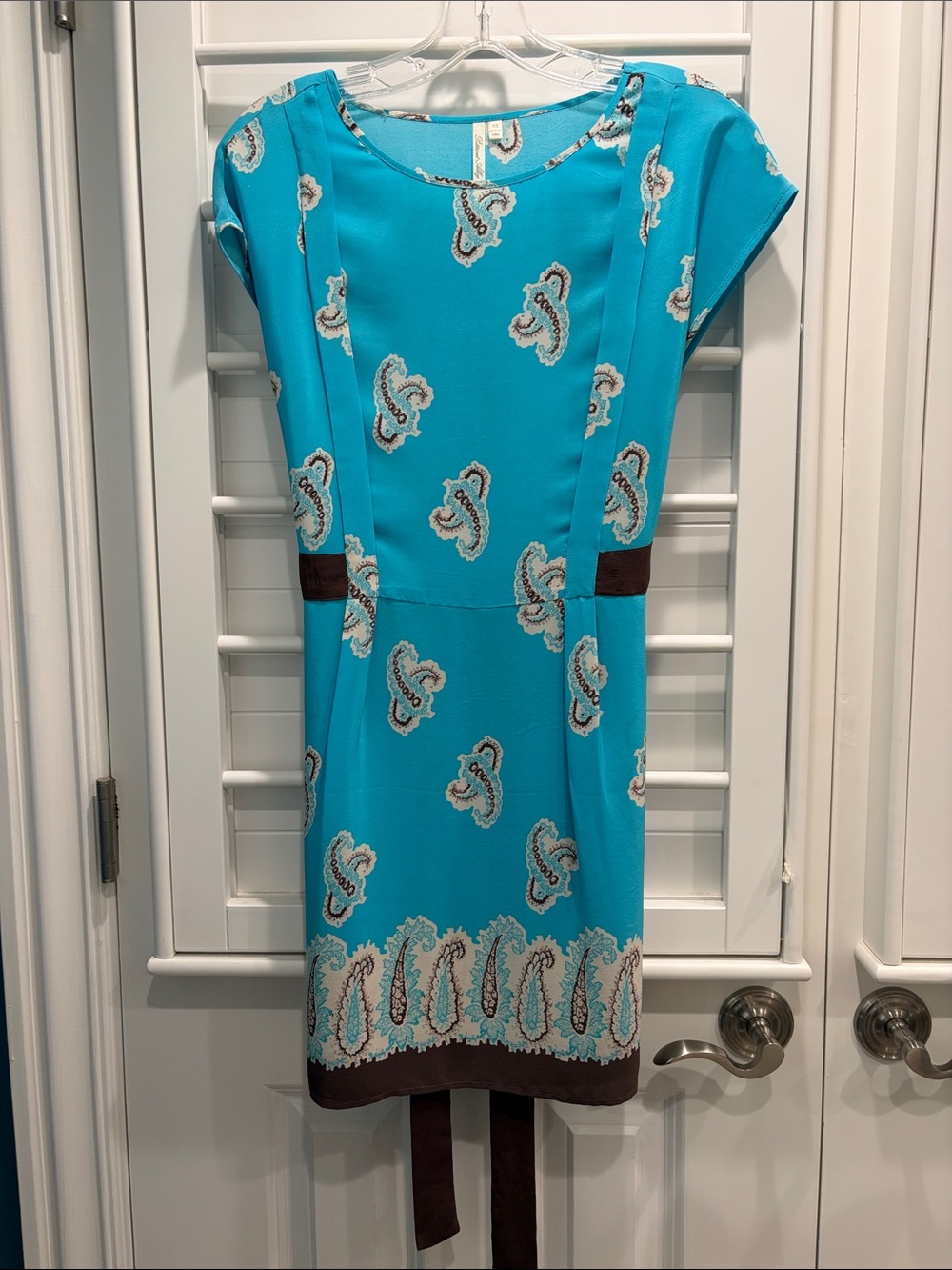 Petticoat Alley Turquoise Paisley Mini Dress with Brown Trim